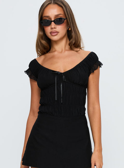 back view of model wearing Princess Polly Ahead Of Myself Off Shoulder Bodysuit Black Short Sleeves 