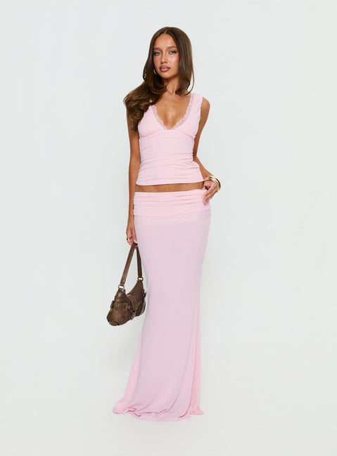 back view of model wearing Princess Polly Zespri Jersey Maxi Skirt Pink Maxi Skirts 