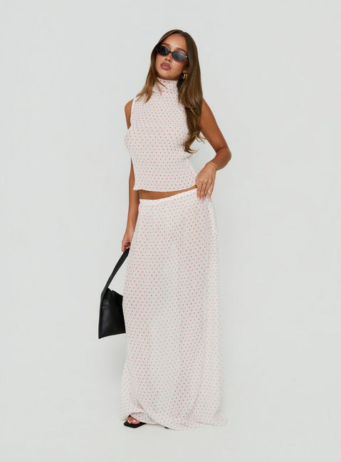 The Ford Maxi Skirt White Red Polka Dot in womens-skirts featuring maxi length side view of model wearing Princess Polly