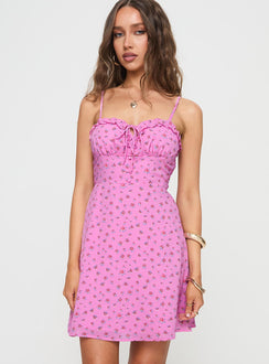 side view of model wearing Princess Polly Love Birds Mini Dress Pink Floral Sweetheart Neckline 