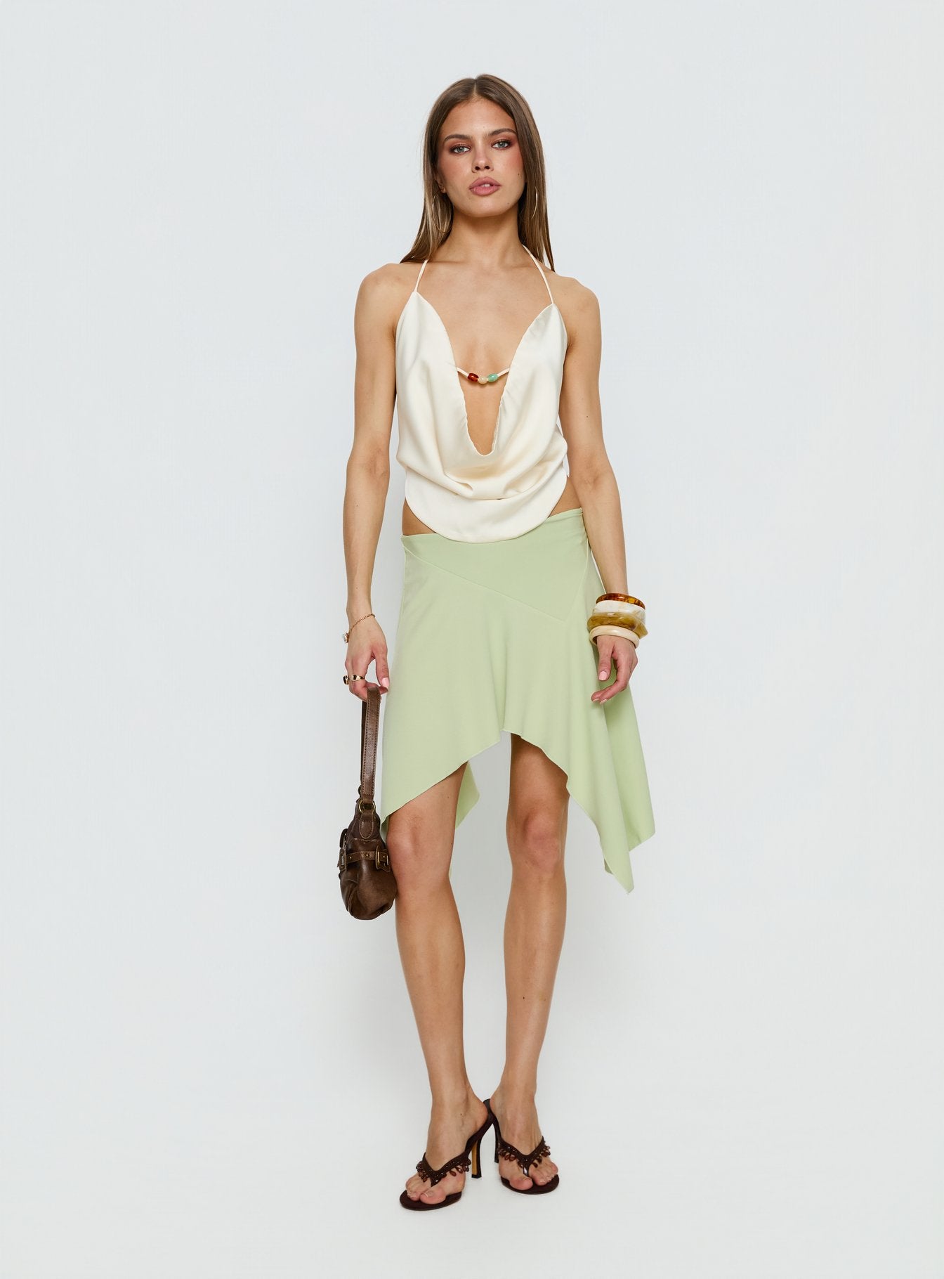   front view of model wearing Princess Polly Daelen Waterfall Midi Skirt Mint Midi Skirts Skirts 