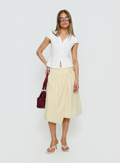   side view of model wearing Princess Polly Sunney Wrap Midi Skirt Yellow Midi Skirts 