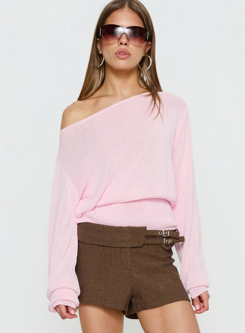 front view of model wearing Princess Polly Xaria Off Shoulder Knit Sweater Pink regular 
