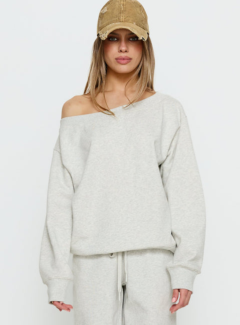 front view of model wearing Princess Polly Wellness Off the Shoulder Jumper Grey Marle 