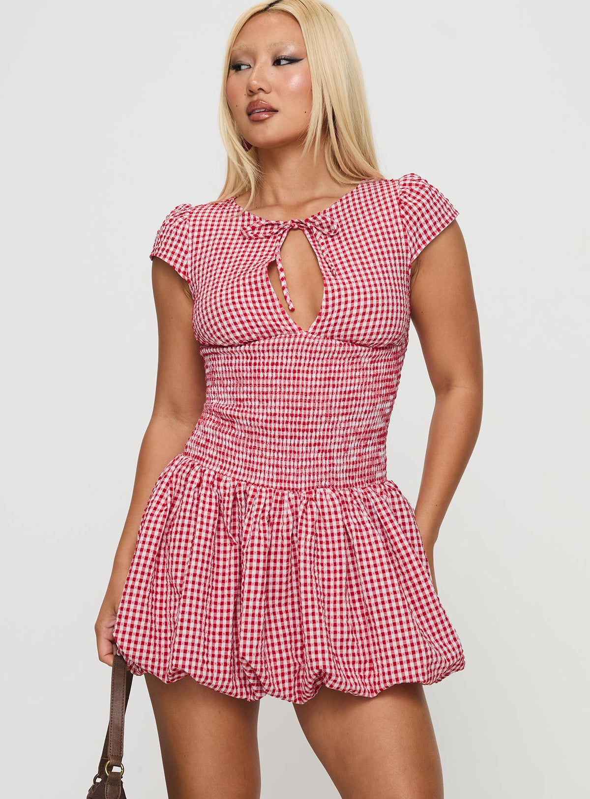 front view of model wearing Princess Polly Ladybug Gingham Mini Dress Red Petite Crew Neck 