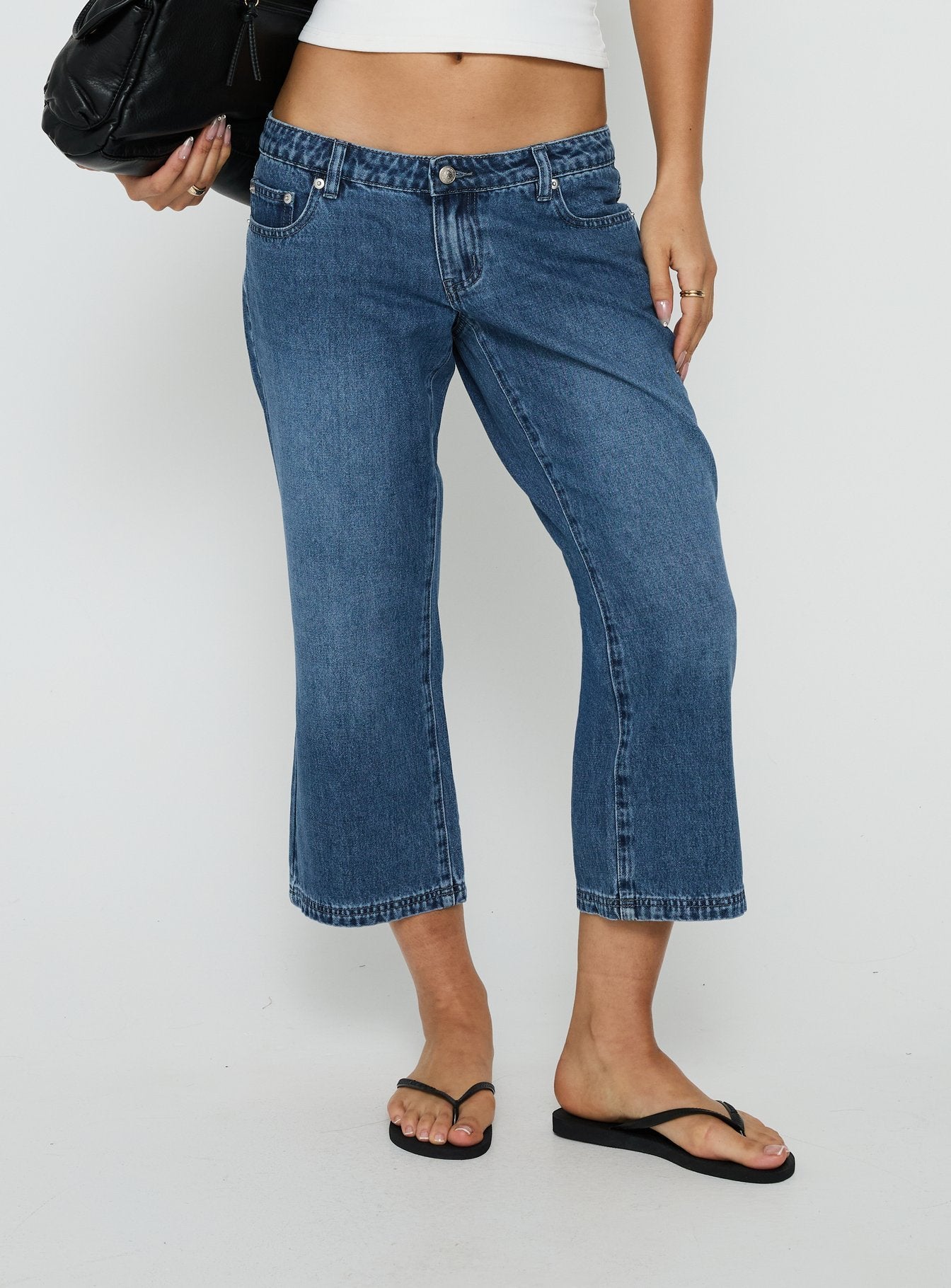 Featuring Hierarchy Low Rise 3/4 Length Jeans Mid Wash womens-jeans with low-rise waist Princess Polly