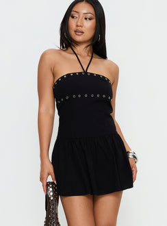 Nidia Eyelet Tie Neck Romper Black