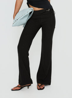 side view of model wearing Princess Polly Louder Please Tie Side Straight Leg Pants Black Pinstripe Mid Rise Pants 