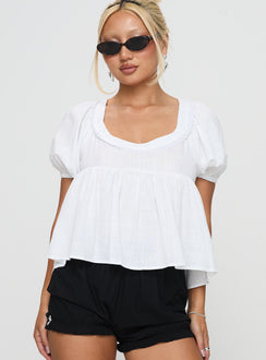 front view of model wearing Princess Polly Weyes Smock Top White Short Sleeves Scoop Neck 
