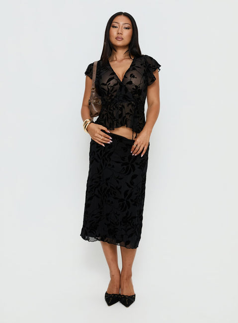   front view of model wearing Princess Polly Atira Midi Skirt Leaf Flower Black Midi Skirts Skirts 