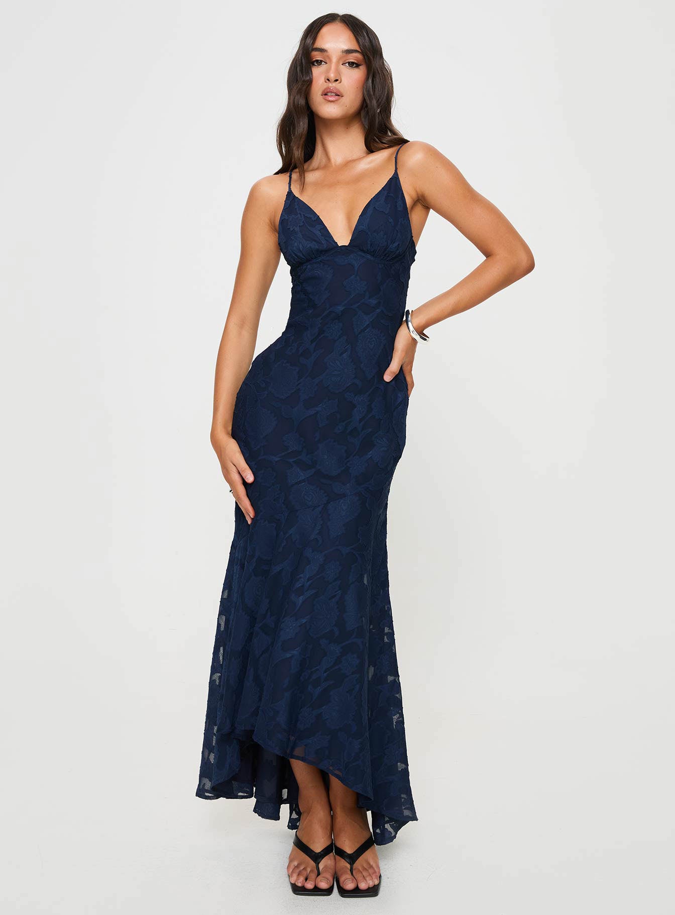 front view of model wearing Princess Polly Cyrene Maxi Dress Navy Plunger 