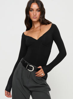 back view of model wearing Princess Polly Loveydove Bodysuit Black Long Sleeve Tops 