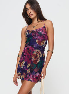 side view of model wearing Princess Polly Celena Mini Dress Multi Floral Cowl Neck 