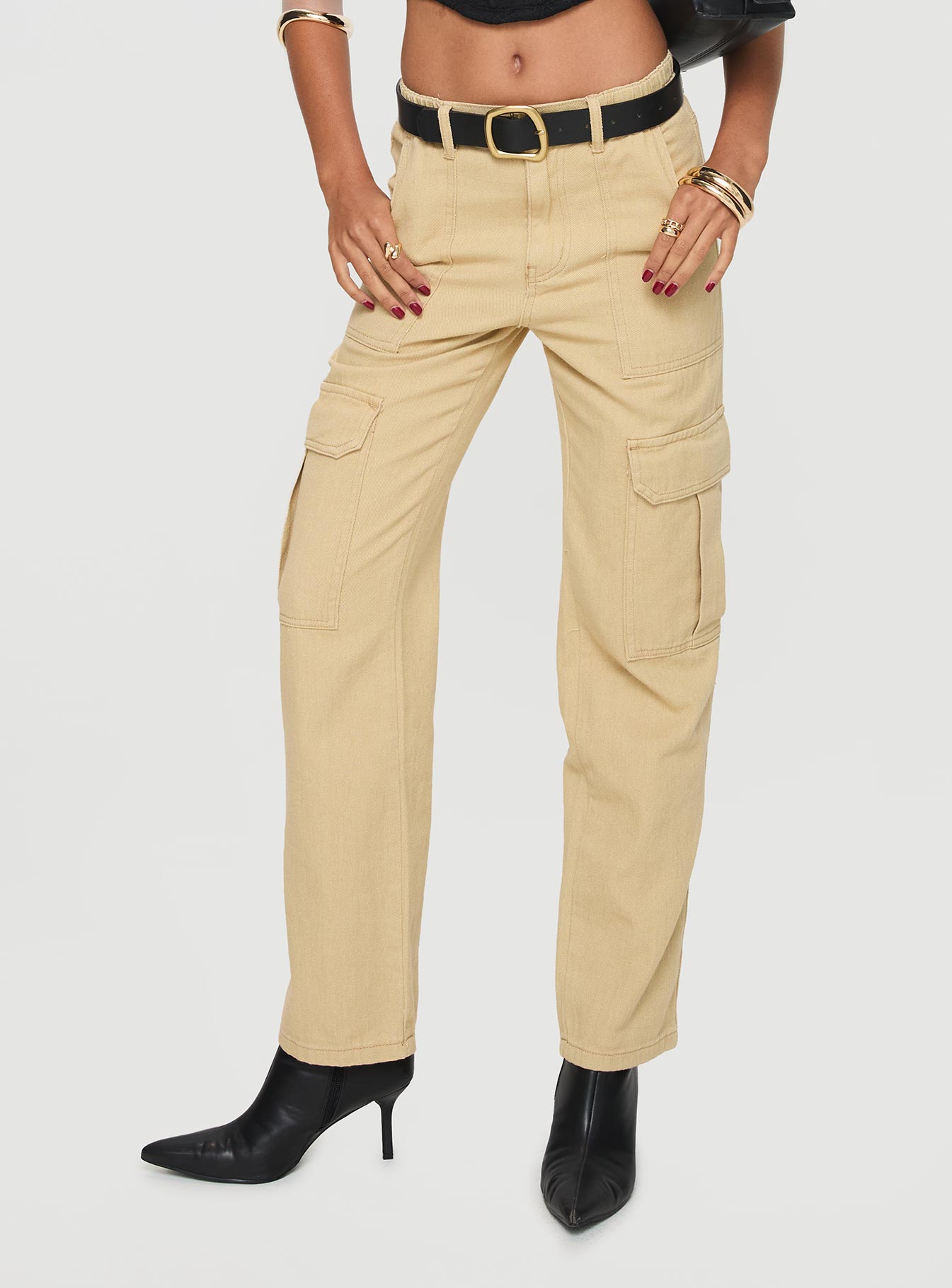 back view of model wearing Princess Polly Nickei Utility Cargo Pants Beige Mid Rise 