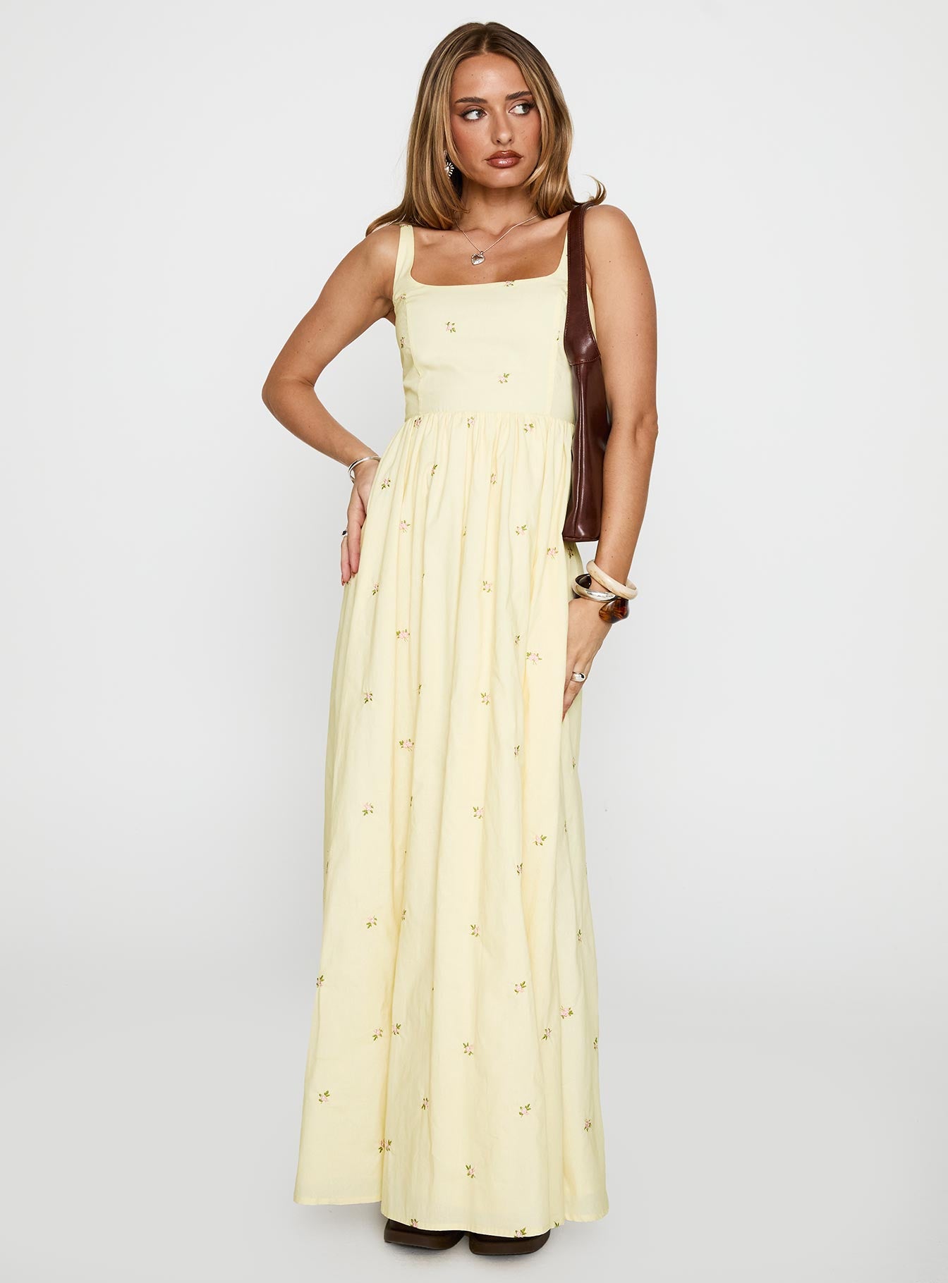 back view of model wearing Princess Polly Cartmel Embroidered Maxi Dress Cream Square Neck 