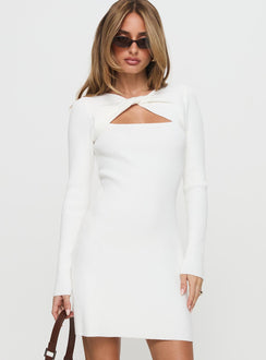 front view of model wearing Princess Polly Valeriya Long Sleeve Knit Mini Dress White High Neck 