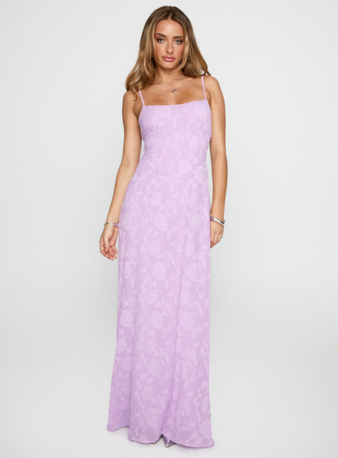 front view of model wearing Princess Polly South Of France Maxi Dress Lilac Square Neck 