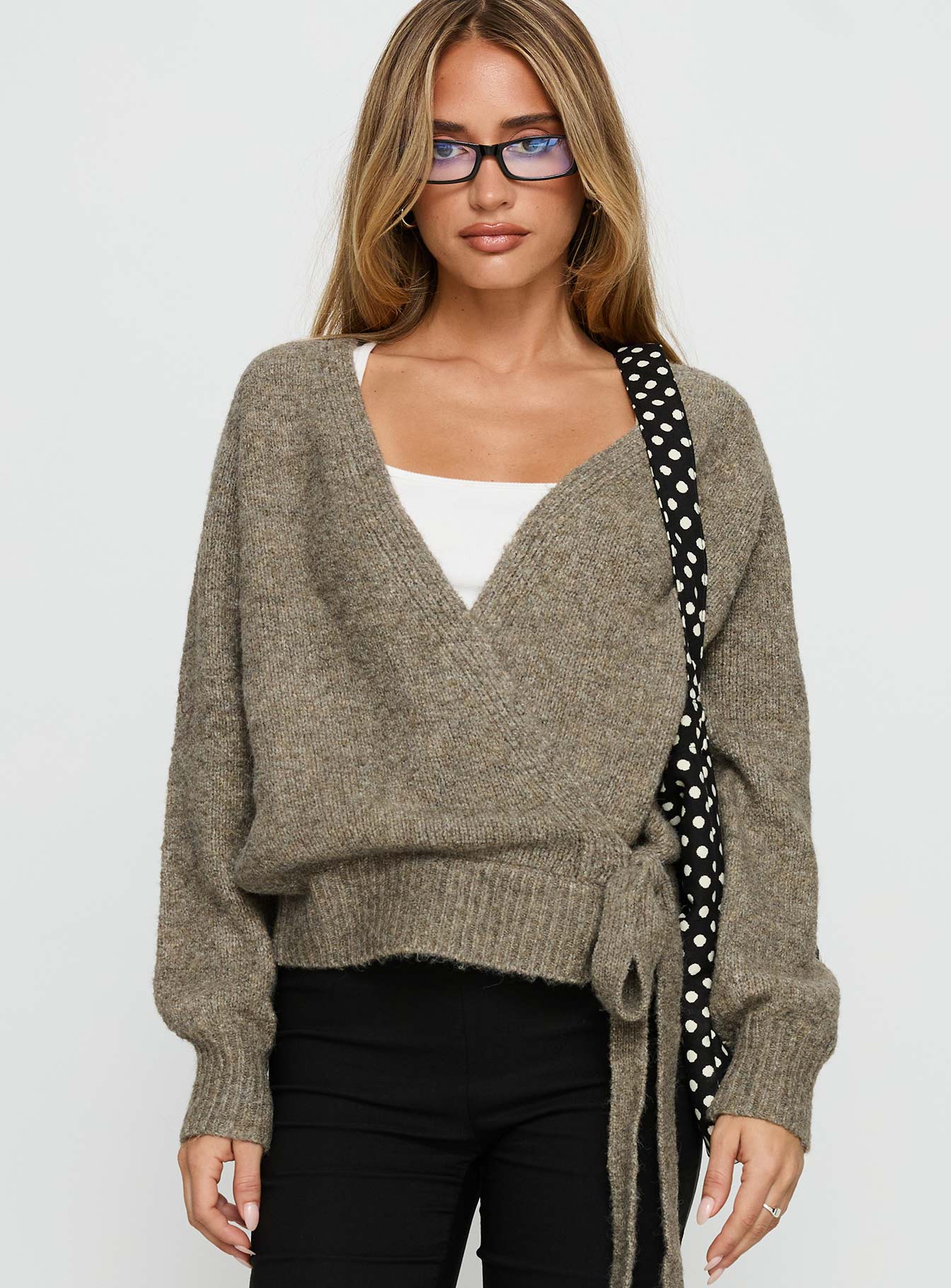 Crafted with the Daelan Wrap Knit Cardigan Brown womens-jumpers in short length front view of model wearing Princess Polly