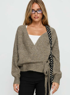 Crafted with the Daelan Wrap Knit Cardigan Brown womens-jumpers in short length front view of model wearing Princess Polly