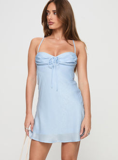 front view of model wearing Princess Polly Glendon Mini Dress Blue Petite Sweetheart Neckline 