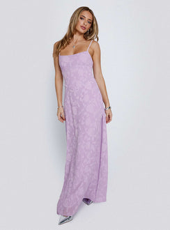 front view of model wearing Princess Polly South Of France Maxi Dress Lilac Square Neck 