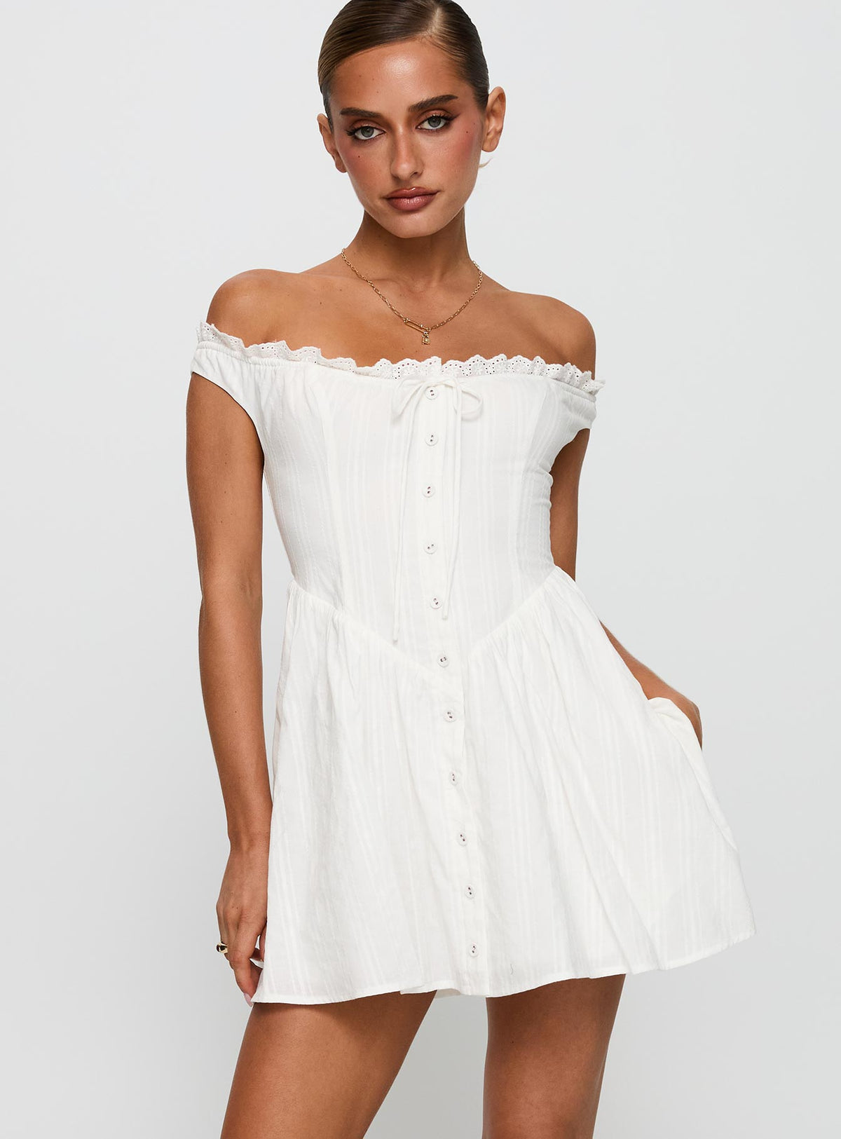 front view of model wearing Princess Polly White Horse Off The Shoulder Mini Dress White Straight Neck 