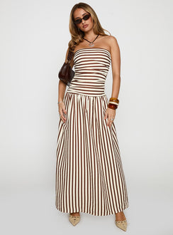front view of model wearing Princess Polly Adessa Strapless Maxi Dress Multi Straight Neck 