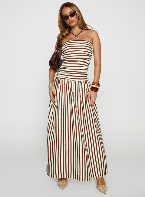 front view of model wearing Princess Polly Adessa Strapless Maxi Dress Multi Straight Neck 