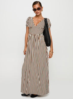 side view of model wearing Princess Polly Collyns Maxi Dress Beige Pinstripe V-Neck 