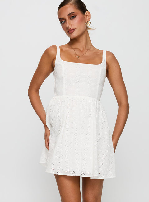 front view of model wearing Princess Polly Cartmel Embroidered Mini Dress White Square Neck 