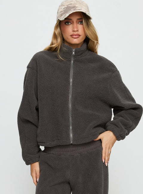 front view of model wearing Princess Polly Siberia Fleece Zip Up Jumper Charcoal regular 