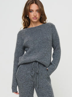 front view of model wearing Princess Polly Abrams Rib Knit Crew Sweater Charcoal Marle regular 