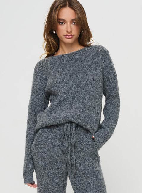 front view of model wearing Princess Polly Abrams Rib Knit Crew Sweater Charcoal Marle regular 
