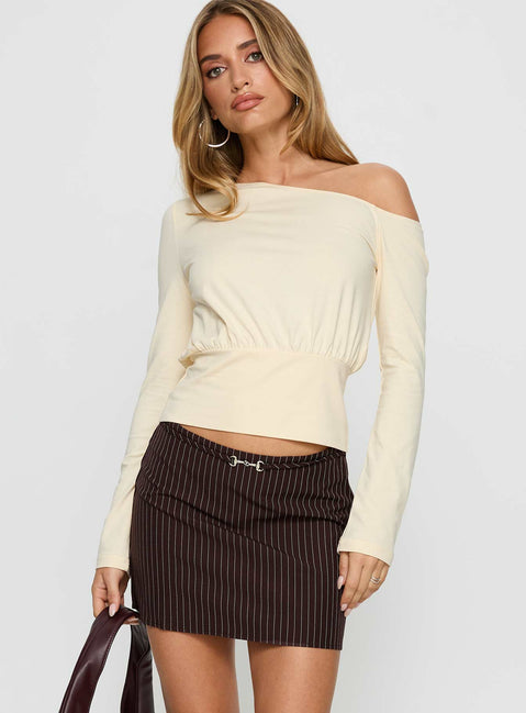   front view of model wearing Princess Polly Yellena Buckle Mini Skirt Brown Pinstripe Mini Skirts Skirts 