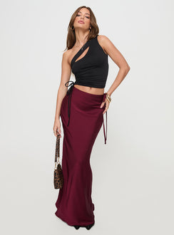   front view of model wearing Princess Polly Fluttering Maxi Skirt Burgundy Maxi Skirts Skirts 