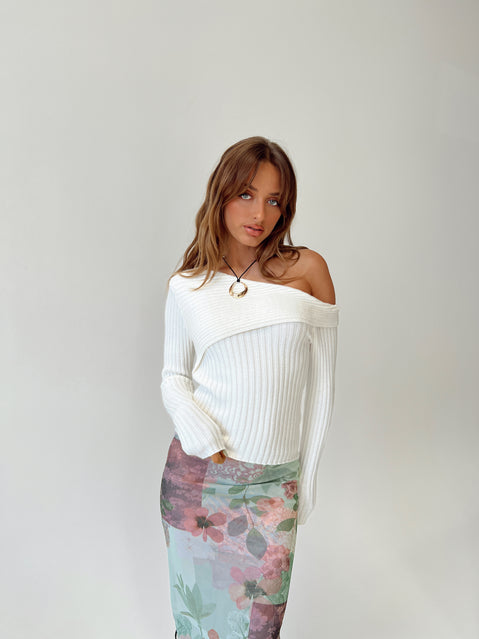 side view of model wearing Princess Polly Jaybell Cold Shoulder Sweater White Cropped Jumpers Jumpers 