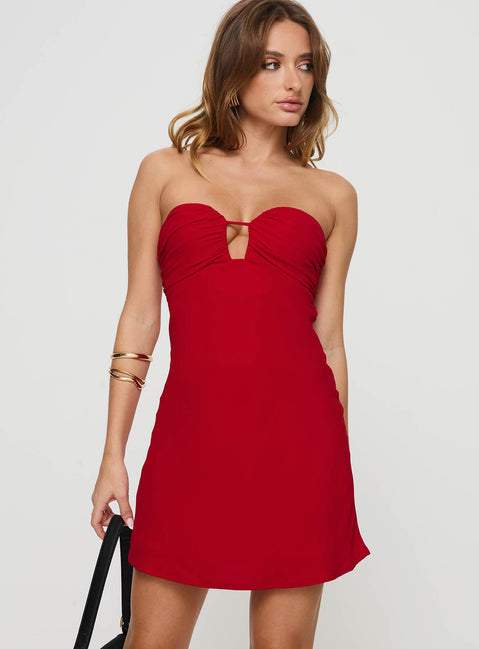 front view of model wearing Princess Polly Cyprian Mini Dress Red Sweetheart Neckline 