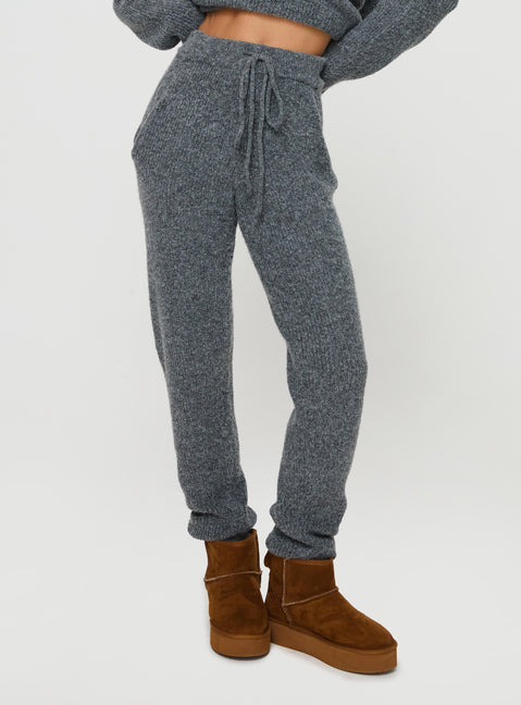 back view of model wearing Princess Polly Abrams Rib Knit Pants Charcoal Marle High Waisted Pants 