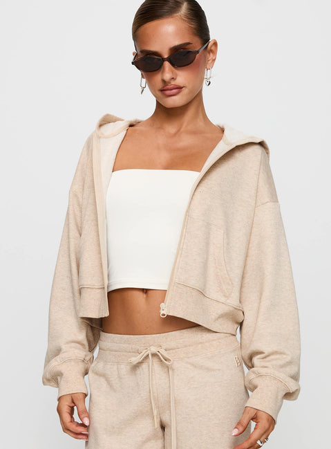 front view of model wearing Princess Polly Revive Zip Through Hoodie Oat Marle cropped Jumpers 