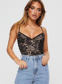 front view of model wearing Princess Polly Intimacy Lace Bodysuit Black Sleeveless Bodysuit 