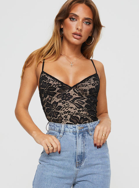 front view of model wearing Princess Polly Intimacy Lace Bodysuit Black Sleeveless Bodysuit 