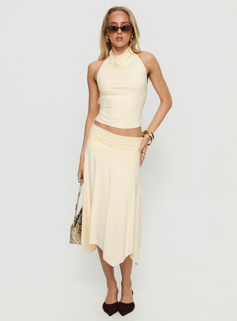   front view of model wearing Princess Polly Scenic Route Asymmetrical Midi Skirt Yellow Midi Skirts 