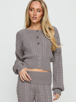 front view of model wearing Princess Polly Baleigh Cable Knit Cardigan Grey Jumpers 