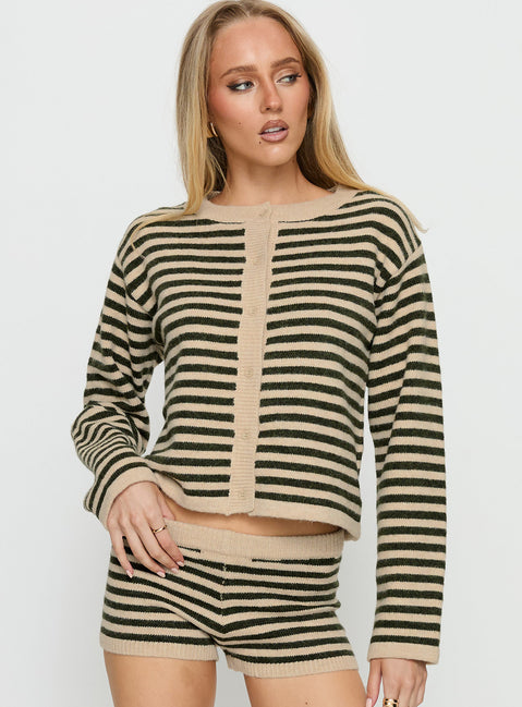 Featuring the Kollens Knit Cardigan Beige Multi womens jumper with short length striped pattern and oversized fit side view of model wearing Princess Polly