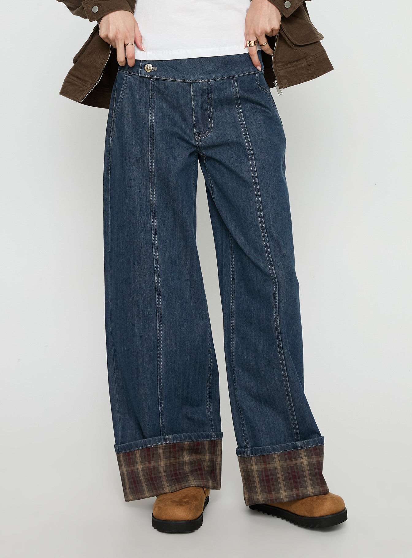Nikoletta Foldover Jeans Dark Wash / Check Mid Rise Jeans Jeans 