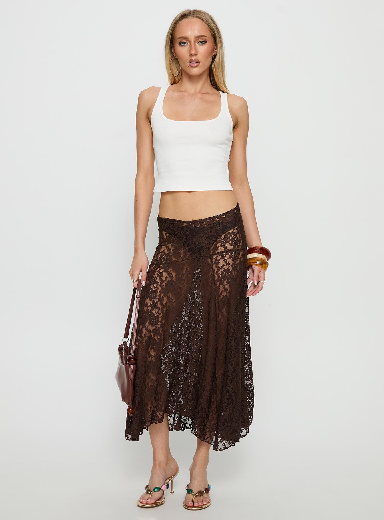   front view of model wearing Princess Polly Tidal Midi Skirt Chocolate 