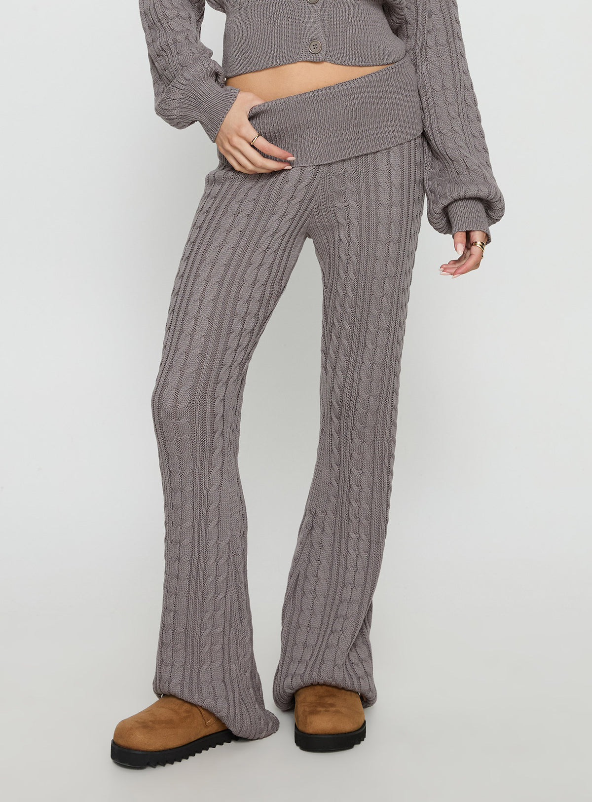front view of model wearing Princess Polly Baleigh Cable Knit Foldover Pants Grey Mid Rise Pants 