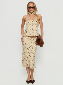   front view of model wearing Princess Polly Sydni Midi Bias Cut Skirt Yellow / Chocolate Polka Midi Skirts Skirts 
