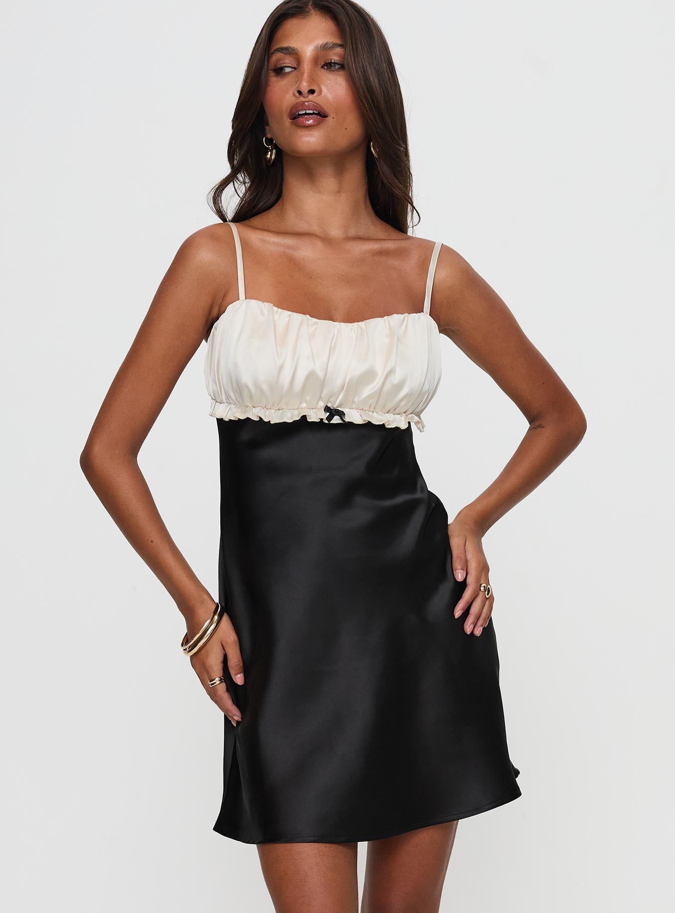 front view of model wearing Princess Polly Cacciatore Mini Dress Black / Cream Sweetheart Neckline 