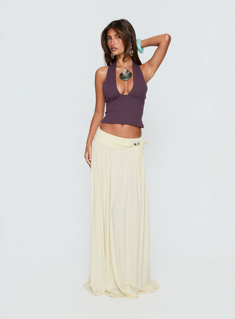   side view of model wearing Princess Polly Velvet Storm Tie Detail Flowy Maxi Skirt Cream Maxi Skirts 